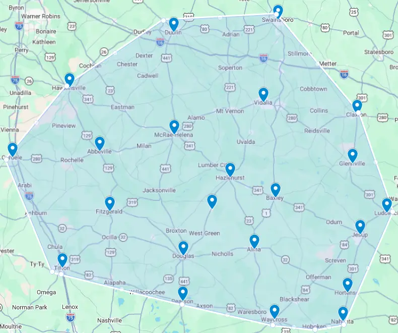 Service area map for plumbing near me and electrician near me in Southeast Georgia — Comfort Doctors Home Services